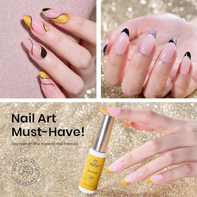 Beetles Gel Liner Nail Polish 6 Pcs White French Tip Liner Pink Black Red Glitters Gold Silver Painted Swirl Gel Polish Set Built in Thin Brush Soak off Uv Led Lamp Nail Art Gifts for Women