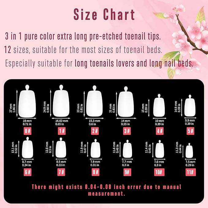 NOVO OVO Fake Toe Nail Tips Press on, Soft Gel Toenail Extension, PURE WHITE LONG Tapered Square Pre-applied Tip Primer & Base Coat, Full Cover Pre-etched False Nails for DIY x 12 Sizes 240Pcs