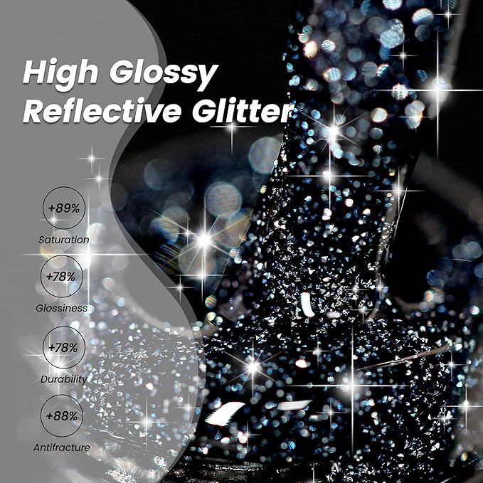 YTD Likomey Reflective Glitter Gel Nail Polish,15ml Black Flash Diamond Shimmer Nails Gel,Dark Blue Tone Black Sparkly Shiny Salon Home Fall Winter Manicure UV Color Varnish,SZ010