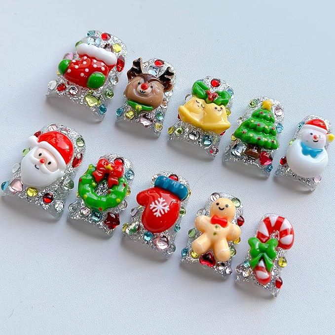 Christmas Press on Nails Luxury Short Duck Handmade 3D Unique Reusable ABS Material Fake Nails Cute False Nails with Santa Reindeer Tree Snowflake Designs Glossy Glue on Nail Thick Acrylic Nail(S)