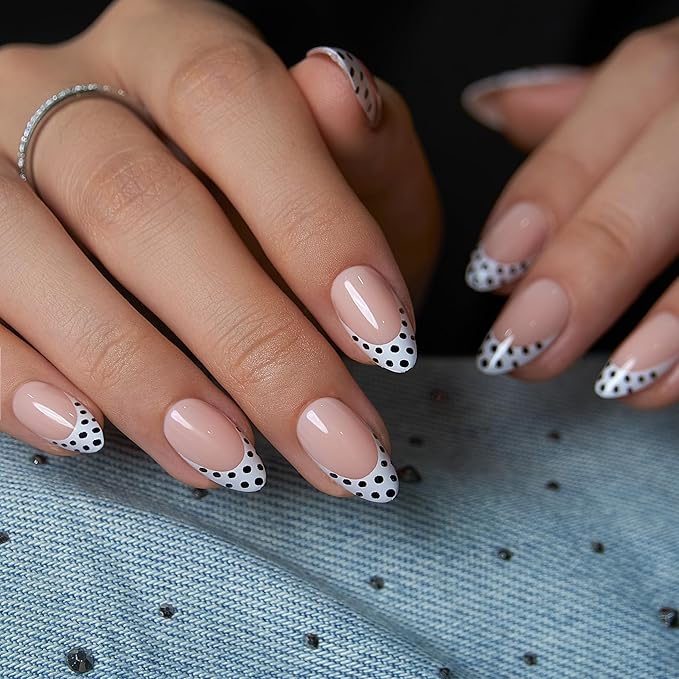 Curvlife Soft Gel Press On Nails Medium Almond Nude French Tip with Black Polka Dots, Glue On Fake Nails Reusable False Nails Stick On Nail Tips for Women