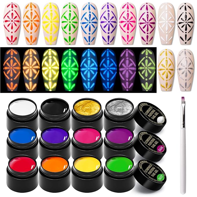 Glow in the Dark Paint for Nail Art Kit, 12 Colors Neon Luminous Polish, Fluorescent Bright Colors Yellow Green Blue Orange Soak off UV Gel With Glow Effect