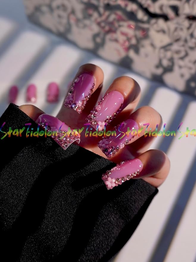 HAND-PAINTED White Press Ons Neon Small Press on Nails Long French Press on Nails Coffin Medium Short Nail art Fake Nail Art Kit with 7g Glue on Nails Handmade Almond Square Nails (TJ-13, Large)