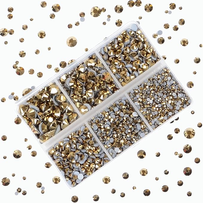 4000Pcs Mixed Size Hot Fix Round Crystals Gems Glass Stones Hotfix Flat Back Rhinestones (Mine Gold)