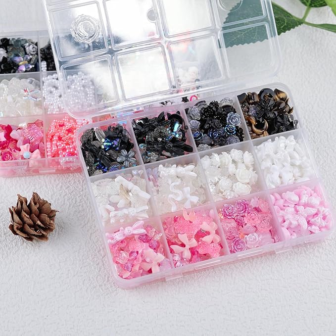 2050 Pieces 3D Butterfly Rose Flower Bow Rabbit Bear Nail Charms Kit with Nail Art Rhinestones Pearls Crystal Gems Nail Slices for Manicure DIY Crafts Jewelry Accessories (Pink Black White)