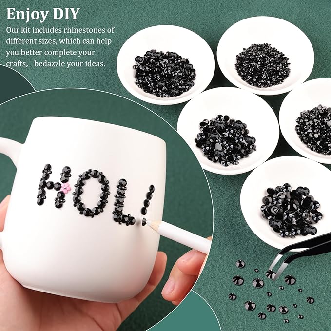 Resin Black Rhinestones for Bedazzling with B7000 Jewelry Glue, 1 Box Flatback Crystals with 3Pcs 10ml Glue for Crafting, Gems for Nail Art Makeup