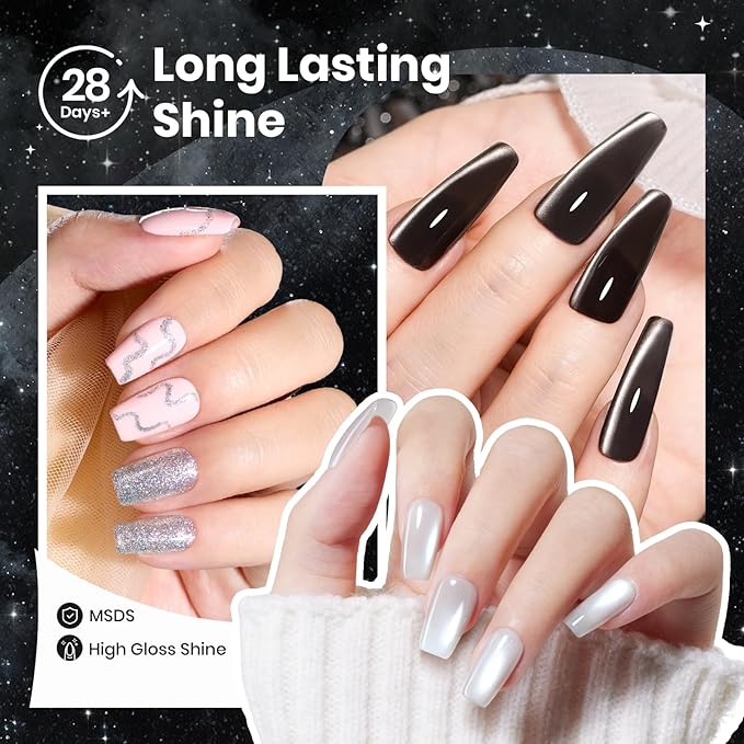 Beetles Gel Nail Polish Set - Twilight Gleam 6 Colors Cat Eye Glitter White Black Silver Shimmer Sparkle Gel Polish Kit with Magnet Soak Off Nail Art Uv Led Home Salon Spring Summer Gift for Women