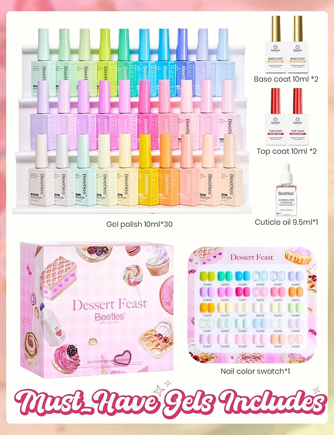 Beetles Spring Gel Polish Set - Dessert Feast 30 Colors Hema-Free Glitter Jelly Nude Pink White Yellow Green Pastel Colors Polish with Base Top Coat Swatch Card Uv LED Lamp Gel Gifts for Women
