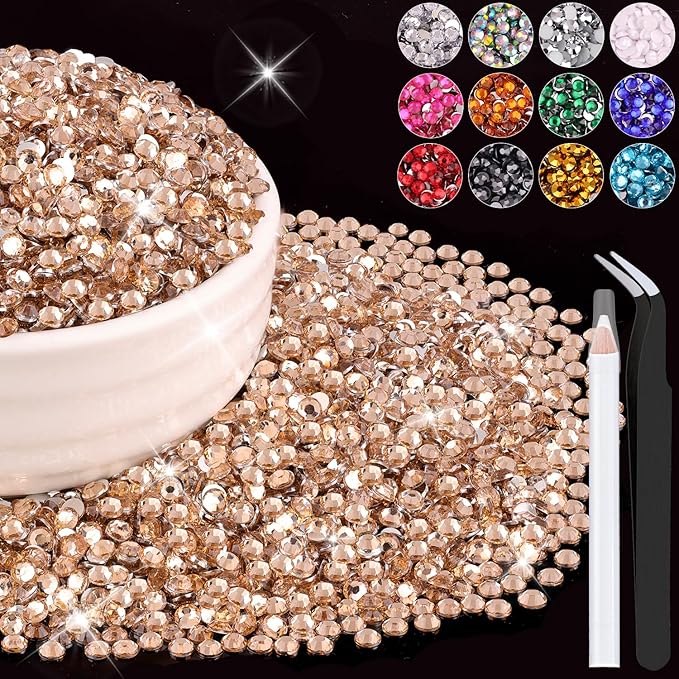 8000PCS 3mm Resin Rhinestones Bulk for Crafting (Champagne), Flatback Bedazzling Crystals for Crafts DIY Nail Decoration, Gems Charms for Tumbler Shoes Clothing Fabric with Pickup Pen and Tweezers