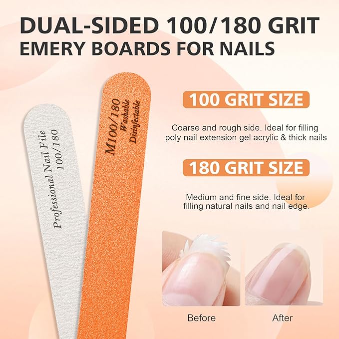 BALUCA 10-Pack Professional Nail Files & Buffers for Acrylic & Natural Nails | Double-Sided 100/180 Grit Emery Boards | Reusable Salon-Grade Nail Filer & Shine Kit for Women & Pets (Orange)