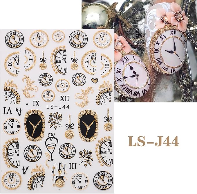6 Sheets Christmas Nail Art Stickers 3D Gold Glitter Clock Nail Decals Self Adhesive Winter Nail Design Stickers New Year Nail Art Supplies Christmas Manicure Accessories for Women and Girls