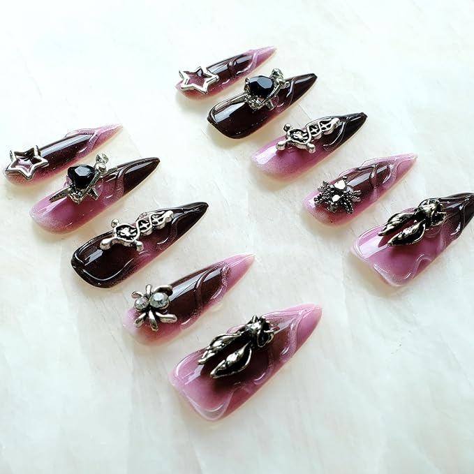 Gothic Press-On Nails, Pink to Black Ombre, Stiletto Shape with 3D Halloween Charms, Handmade False Nail 10 Pieces (Medium, LS)