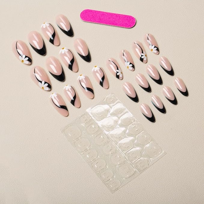 Black French Tip Press on Nails Medium Almond Fake Nails Full Cover False Nails White Daisy Flower Glue on Nails Glossy Acrylic Nail Black Line Stick on Nail for Women Girls 24Pcs