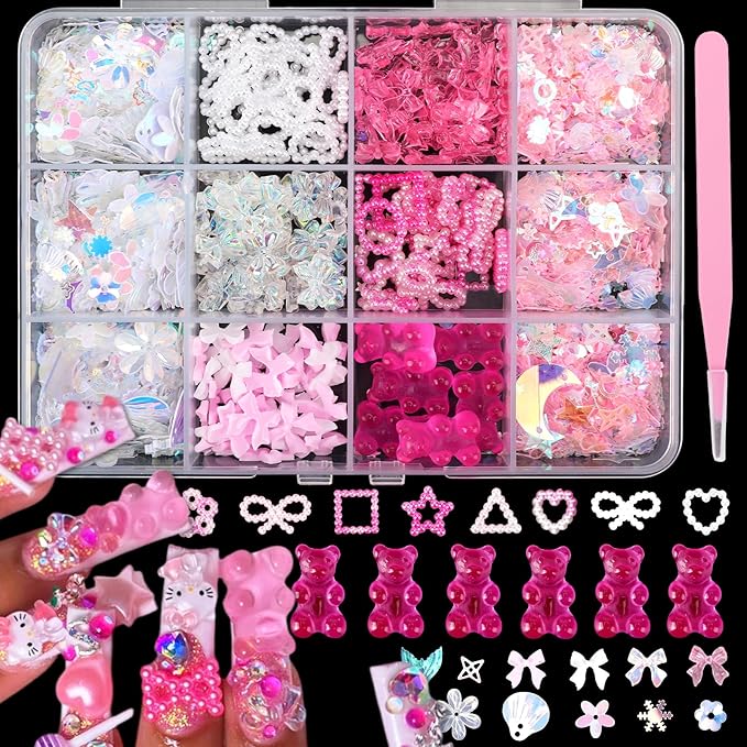 Namifin 3D Pink Nail Charms Bulk Gummy Bear Butterfly Bow Assorted Nail Charms Set Planet Cherry Gems Cute Heart Star Pearls Nail Charms for Nail Art DIY Supplies Accessories