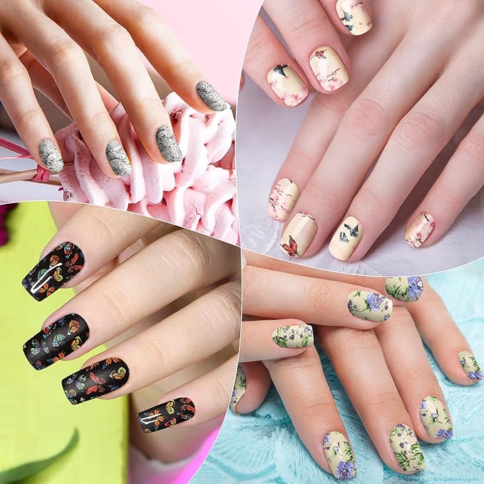 224 Pieces 16 Sheets Flower Full Wrap Nail Polish Stickers Self Adhesive Nail Wraps Nail Decals Nail Polish Sticker Butterfly Flower Nail Decals for Women Nail Decoration