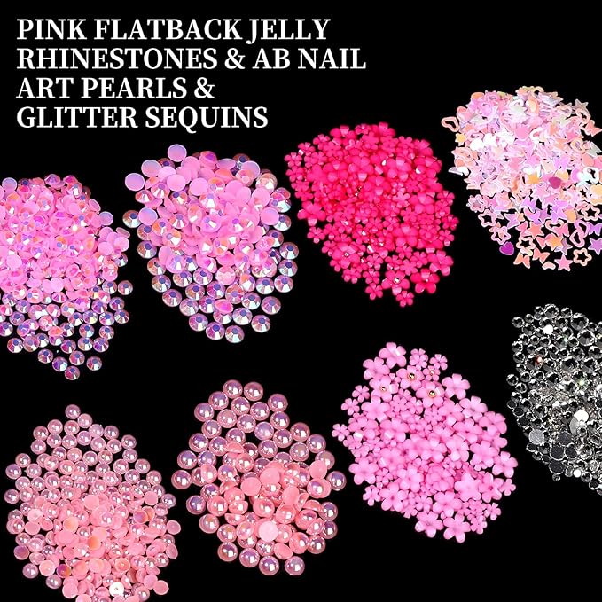 FAMDAMEI 24 Grid Flat Back Pearls and Rhinestones for Bedazzling Kit, Clear White Pink Pearls Flatback Resin Jelly Rhinestones,Flower 3D Nail Charms and Gems for Crafting Rhinestones for Crafts