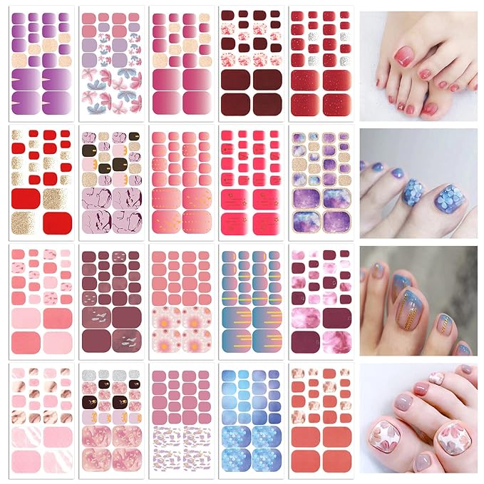 DANNEASY 20 Sheets Toe Nail Stickers Toenail Polish Strips Nail Wraps for Women Self Adhesive Toes Nail Polish Stickers Gel Nail Strips Toenails Manicure Sticker Nail Art Accessories with Nail File