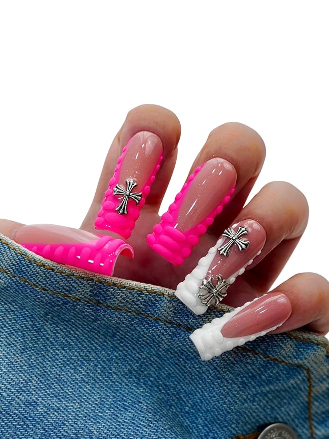 Euphrosyne Gothic Y2K Press On Nails – 10pcs Long Pink and White Square Fake Nails with 3D Cross Charms & Textured Tips