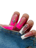 Euphrosyne Gothic Y2K Press On Nails – 10pcs Long Pink and White Square Fake Nails with 3D Cross Charms & Textured Tips