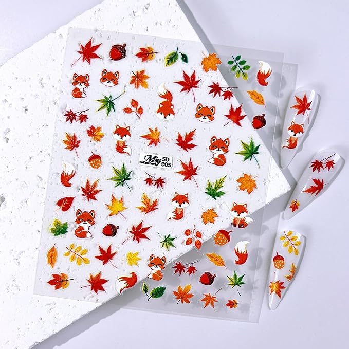 Fall Nail Stickers 5D Embossed Nail Art Stickers Autumn Nail Decals with Fox Maple Leaves Pumpkin Pinecone Designs Cute DIY Self-Adhesive Nail Art Supplies 3 Sheet
