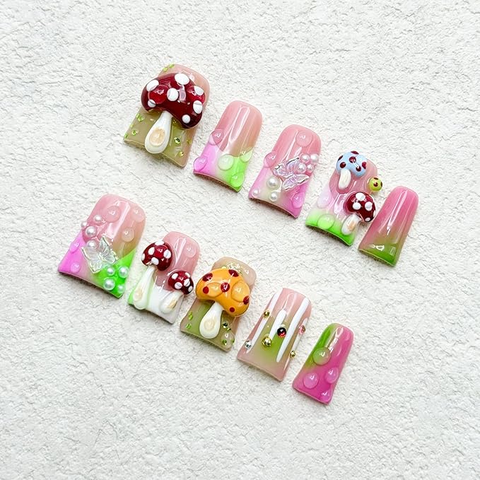 Luxury Handmade Press on Nails Medium Duck False Nails with Cute 3D Mushroom Art Design Handmade Nail with Glue Muti-Layer Gel False Nails Butterfly Charms Thick Nails for Women (Size S)