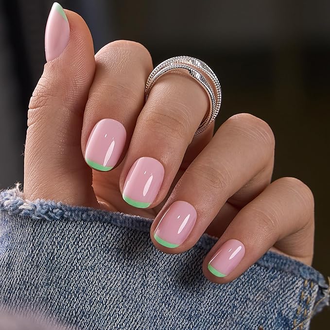 CurvLife Soft Gel Short Press On Nails Square, Long-Lasting Reusable Fake Nails Kit with Glue & Tabs, 30pcs Salon-Quality Stick On Nails for Women At-Home Manicure (Mint Line)