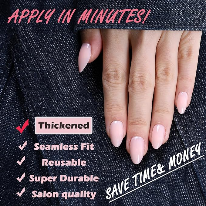 Almond Short Press on Nails Full Cover Pre-shaped Thick Fake Acrylic Nail Tips, 5 Colors, Manicure Salon & DIY at Home 150 PCS 15 Sizes