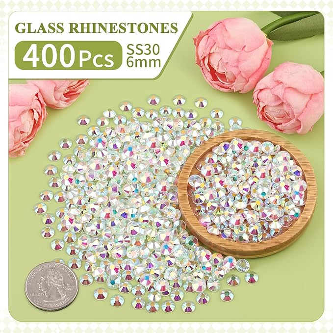 400PCS SS30/6mm Crystal Rhinestones (Transparent AB), Bedazzling Flatback Glass Rhinestones for Crafting, Gems Diomand Charm for Tumbler Shoes Clothing Mugs Nail Art