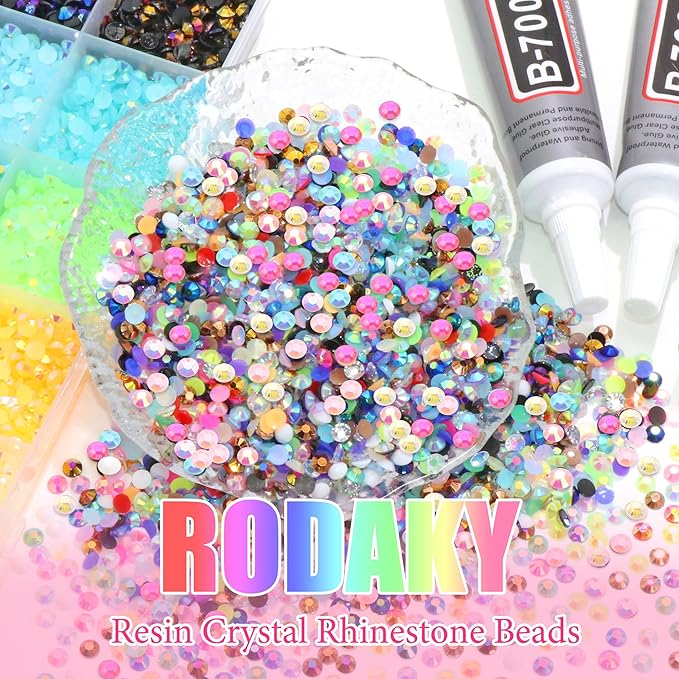 RODAKY Resin Rhinestone for Bedazzling Colorful Flatback Crystals AB Color 3mm Gems Kit with 2PCS 10ml B7000 Glue Tweezer Diamond Making Kit for DIY Craft Clothing Shoes Nail Decor