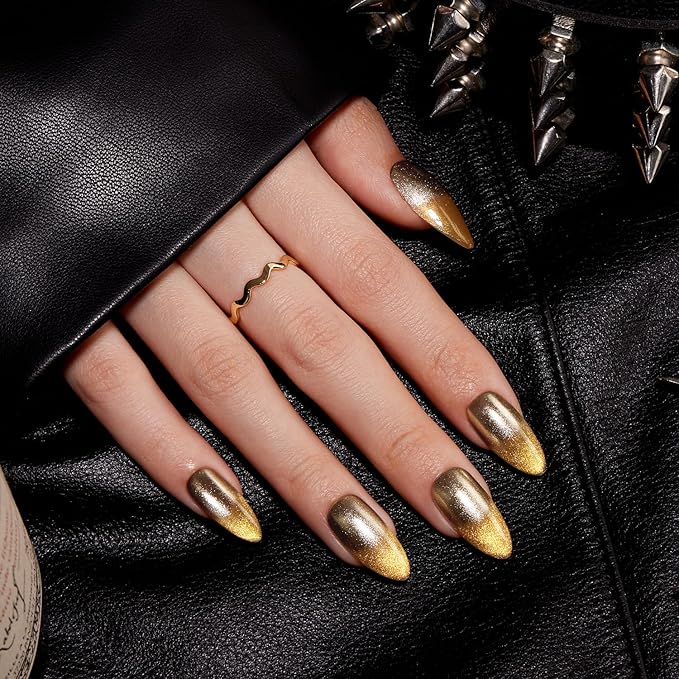 VSALON Press on Nails Medium Almond - Metallic Golden Ombre Cat Eye Glue On Nails for Women, Opaque Sparkle Salon Quality Fake Nails - 32 PCS Stick on Nails in 16 Sizes with Glue & Cuticle Oil