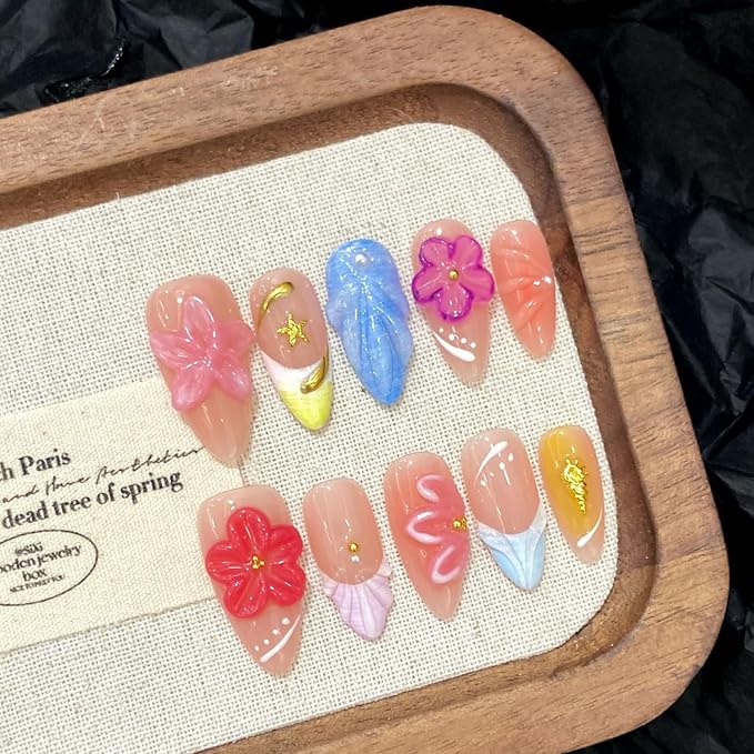 Handmade Press on Nails Flower Press on Nails Gradient French Fake Nails with 3D Starfiah Flower Acrylic Nails Designs Medium Almond Stick on Full Cover False for Women (Size S)