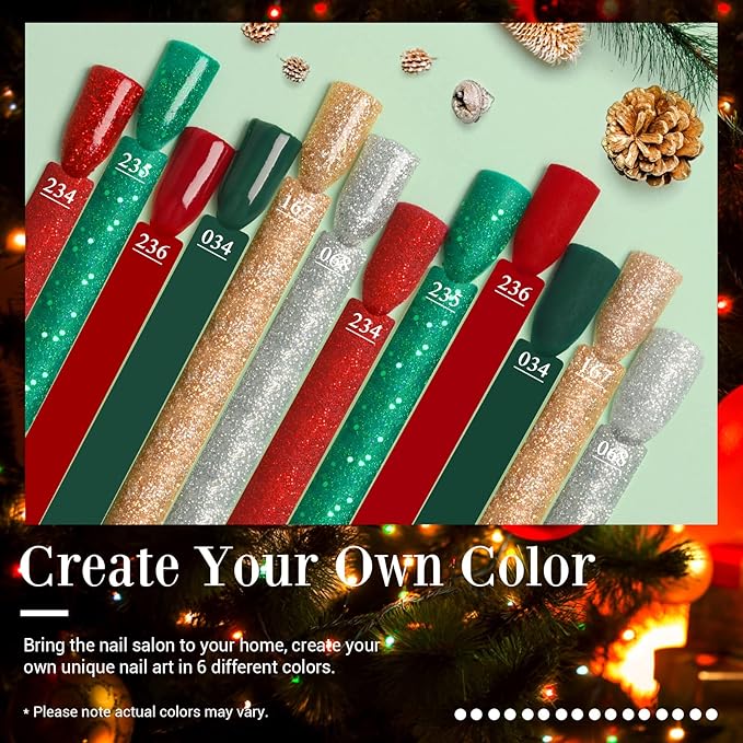 AZUREBEAUTY Dip Powder Nail Set, 6 Colors Glitter Red Green Silver Gold Nail Dipping Powder Starter Kit French Nail Art Sparkle Stunning Manicure Salon DIY No Need Nail Lamp Cured