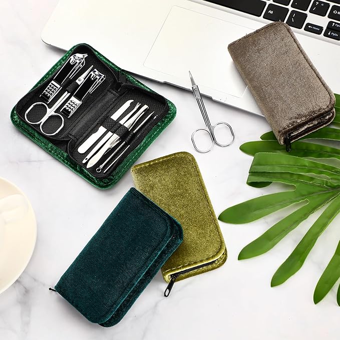 Coume 24 Sets Mini Manicure Set Bulk for Women Men Gifts for Coworkers Nail Grooming Kit 8 in 1 Nail Clippers Kit Luxurious Travel Case Stainless Steel Nails Clipper Set(Green Series)