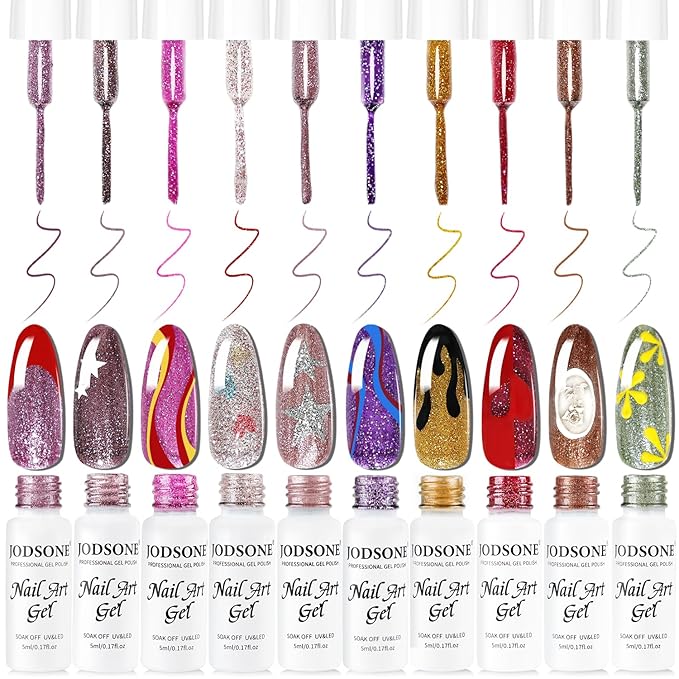 JODSONE Nail Art Gel Liner Set 10 Colors Glitter Purple Gold Green Gel Nail Polish Need U V Lamp Cured with Thin Brush at Home Salon Design,Valentines Gifts for Women