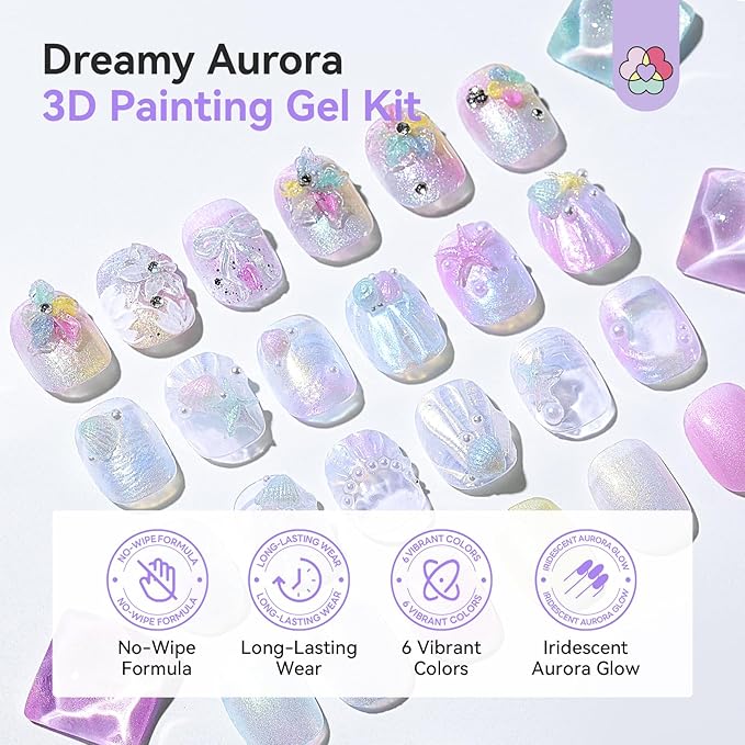 SAVILAND 3D Gel Nail Art Set: 6 Colors Dreamy Aurora 3D Nail Gels No Wipe Sculpting Gel for Nail Art with Clear Solid Builder Gels Chrome Powder Silicone Mold for Nails Design Home Salon Manicure DIY