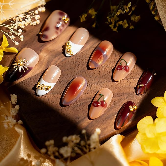 Almond Press on Nails Medium Fake Nails Red Artificial Nail Seeneey Cherry Gold Charm Designs Brown Stick on Nail for Women 24pcs