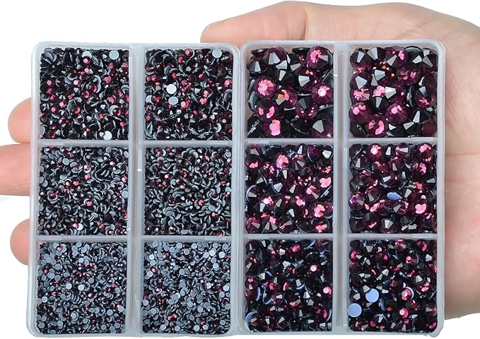 10000Pcs 2-Boxes Mixed Size Hot Fix Round Crystals Gems Glass Stones Hotfix Flat Back Rhinestones with Tweezers and Picking Pencil (Amethyst)