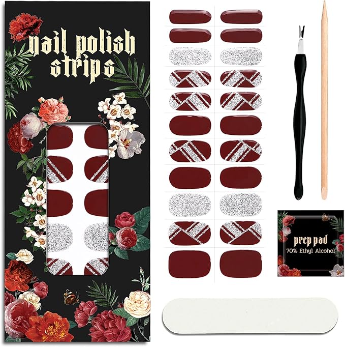 Nail Polish Strips (No UV Lamp Needed) - 22 Pcs Salon Quality Gel Nail Stickers - Long Lasting Wraps (Silvered Wine)
