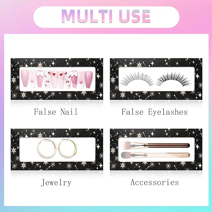 74PCS Press on Nails Packaging Box Set Includes 35PCS Empty Nail Package Box 35PCS White Background Paper 1 Double Sided Tape and 3 Thank You Stickers for Press on Nail Business (Black Sun and Moon)