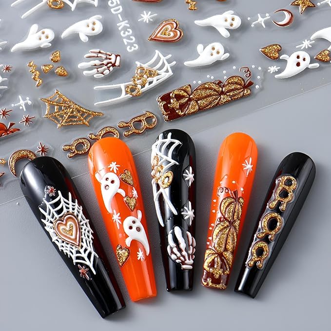 5D Halloween Nail Stickers Embossed Nail Art Decals Cute Ghost Pumpkin Stars Moon Clown Spooky Hand Skeleton Fall Design Self-Adhesive Supplies DIY Holiday Manicure Decoration for Women 4 Sheets