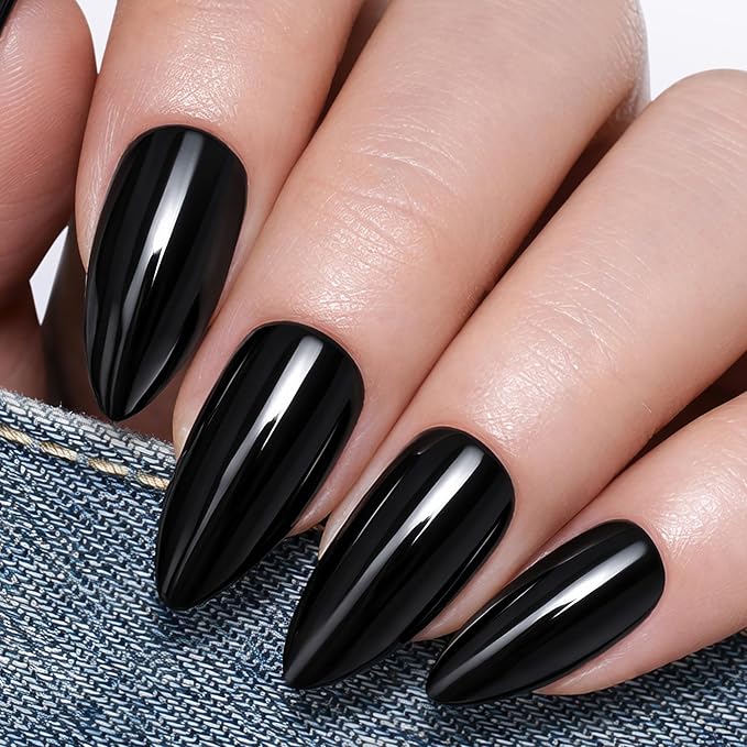 UNA GELLA 32Pcs Soft Gel Press on Nails - 16 Sizes Medium Almond Black Glue on Nails, Reusable Glossy Solid Black False Nails, Full Cover Acrylic Nail Kit for Women DIY Home Manicure