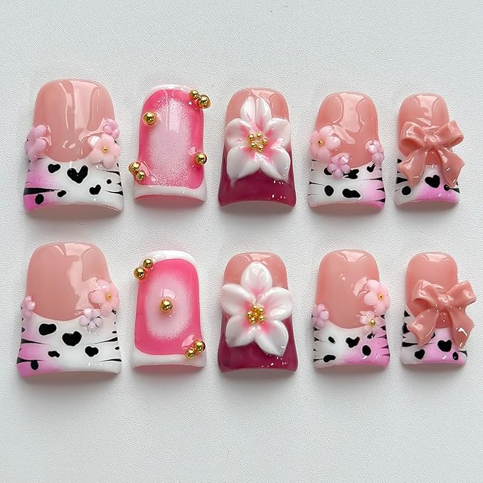 Luxury Press on Nails Short Duck Handmade 3D Unique Reusable ABS Material Fake Nails Pink French Tip False Nails with Designs Bow Flower Cow Print Glossy Glue on Nail Thick Acrylic Nail(S)