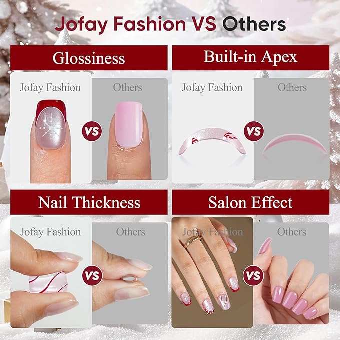 Press On Nails Short - Jofay Fashion Cat Eye Press On Nails Square, Red Candy Cane Fake Nails with Glue, Glossy Reusable Acrylic Nail Tips in 16 Sizes, Christmas Stick On Nails for Women Girls Gift