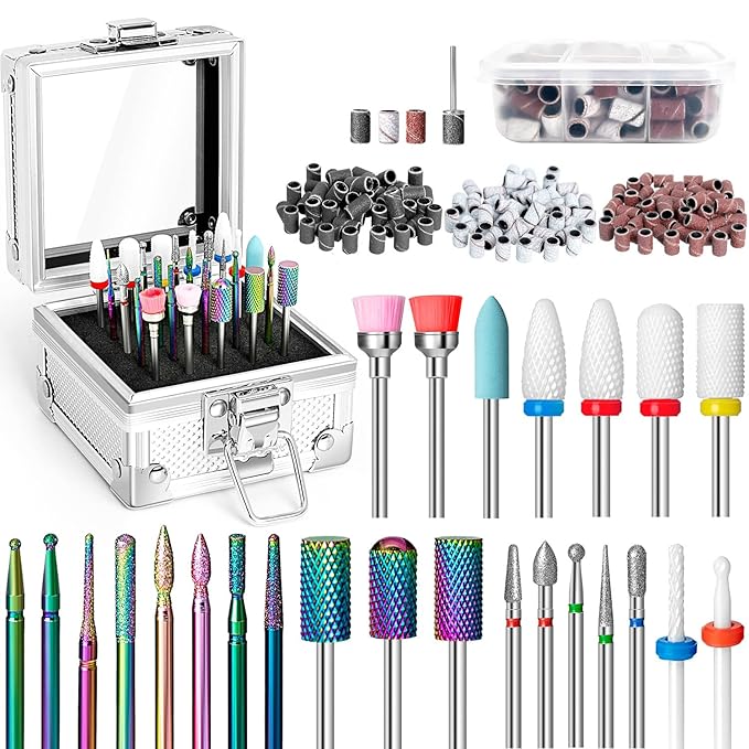 Onism 25Pcs Nail Drill Bits Set with 75Pcs Sanding Bands (80#/120#/180#), High-Precision Tungsten Carbide & Ceramic Efile Bits for Acrylic Gel Removal, Cuticle Care Kit with Organizer Box,Silver