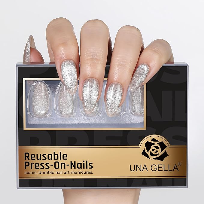 UNA GELLA 32Pcs Soft Gel Press on Nails - 16 Sizes Silver Cat Eye Almond Glue on Nails, Reusable Glitter False Nails, Full Cover Acrylic Nail Kit for Women DIY Home Manicure