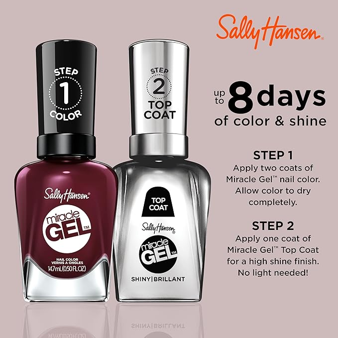 Sally Hansen Miracle Gel Salon Quality Nail Polish | Gel-Like Formula, Two-Step System, No UV Light Needed, Long Lasting | Opaque, Glossy | 479 Wine Stock | Wine Red Nail Color