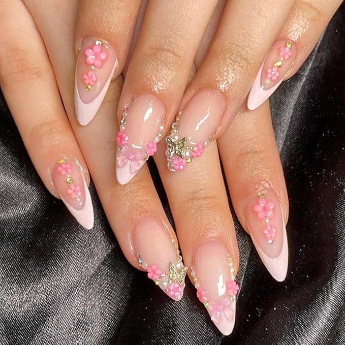French tips Press on Nails - Medium Almond Fake Nails - Flower Design Pink Bow Glue on Nail - Butterfly Charm False Nails Reusable Glossy Spring Nail for Women Manicure 24pcs