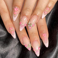 French tips Press on Nails - Medium Almond Fake Nails - Flower Design Pink Bow Glue on Nail - Butterfly Charm False Nails Reusable Glossy Spring Nail for Women Manicure 24pcs