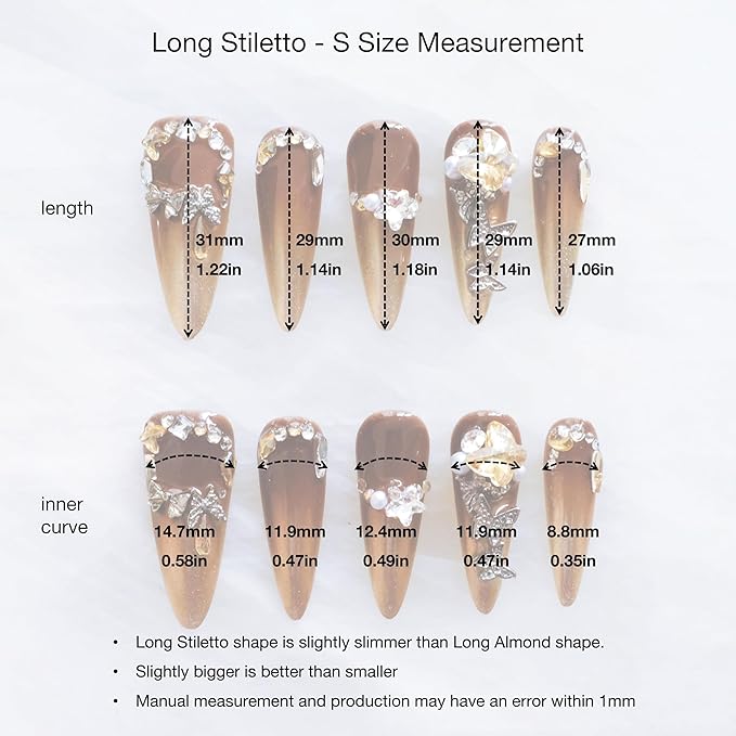 Luxury Long Stiletto Press-On Nails, Brown and Gold Stiletto with 3D Rhinestones and Pearls, Handmade False Nail 10 Pieces (Small, LS)