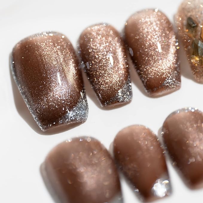 Sun&Beam Nails Handmade Short Medium Coffin Ballerina Brown False Nail Tips with Cute 3D Diamond Popular Charm Design Press On Nails 10 Pcs (#73 M)